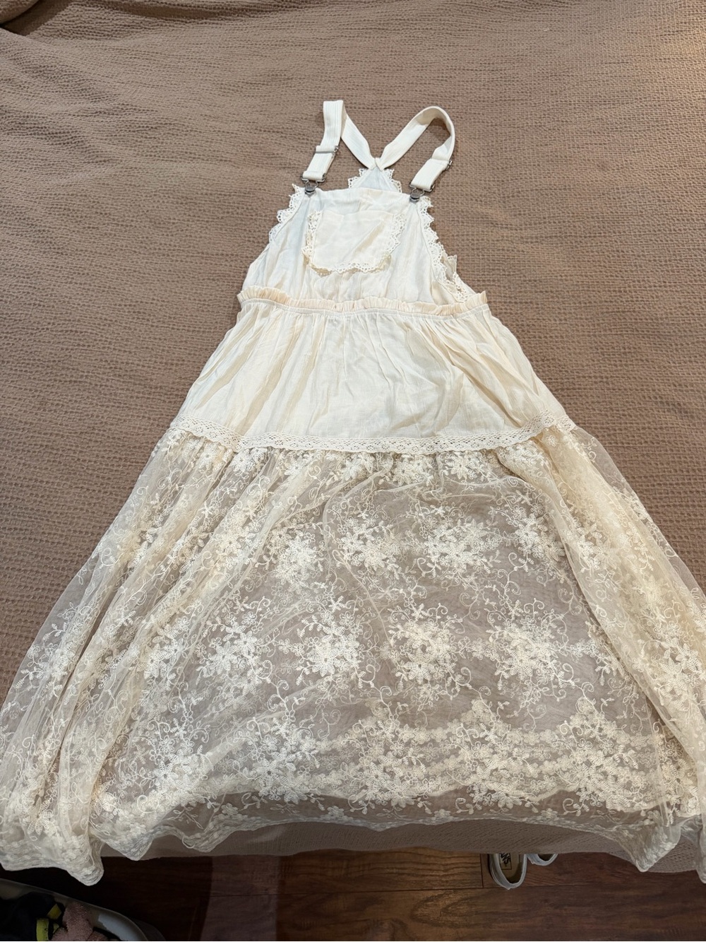 Ivory Lace Overlay Dress with Adjustable Overall Style Straps